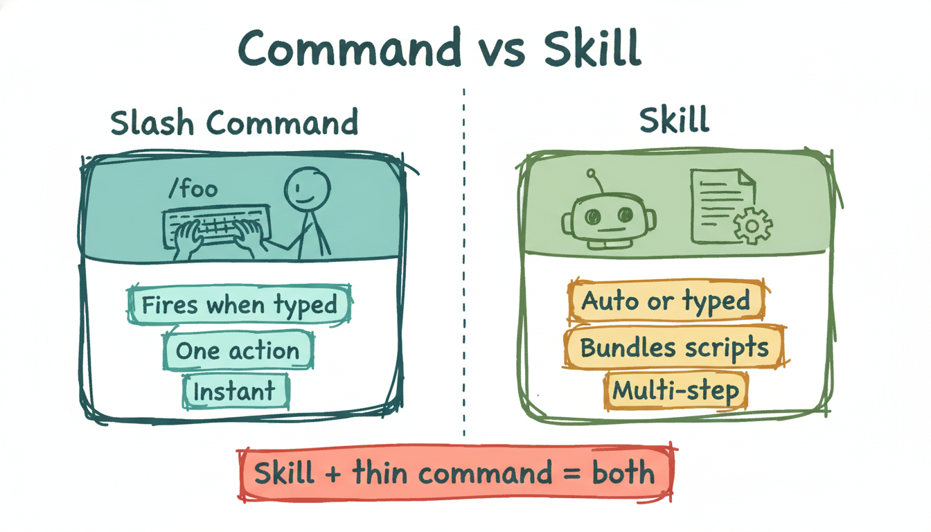 Hand-drawn two-column diagram comparing a slash command to a skill