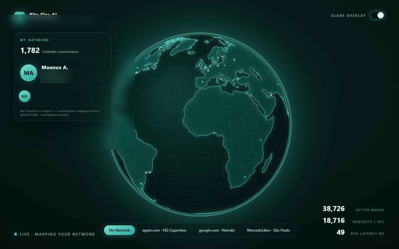 The globe overlay — 1,782 LinkedIn contacts and live packet-trace routes streaming over the teal Earth