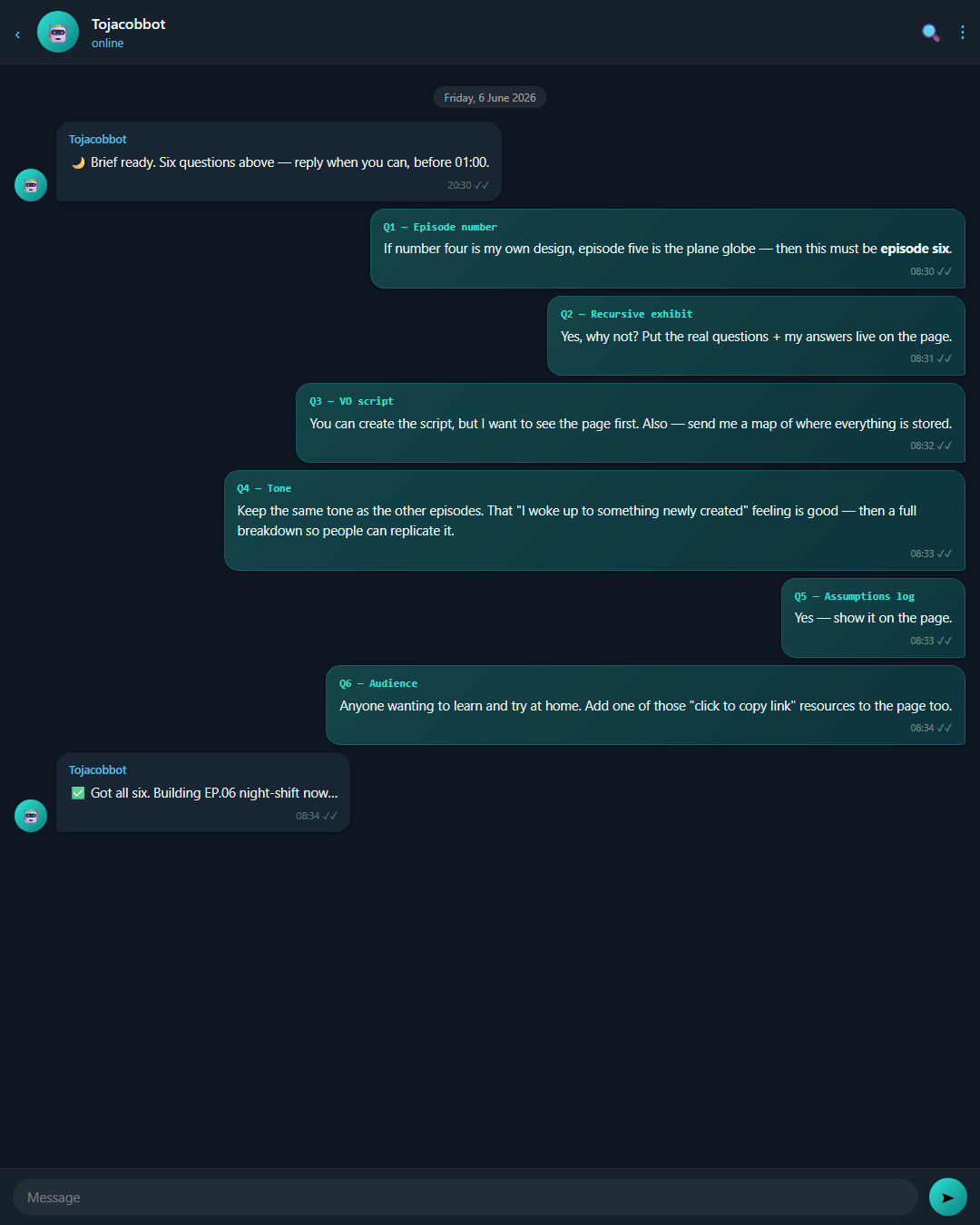 A Telegram thread with three short replies answering the nightly questions