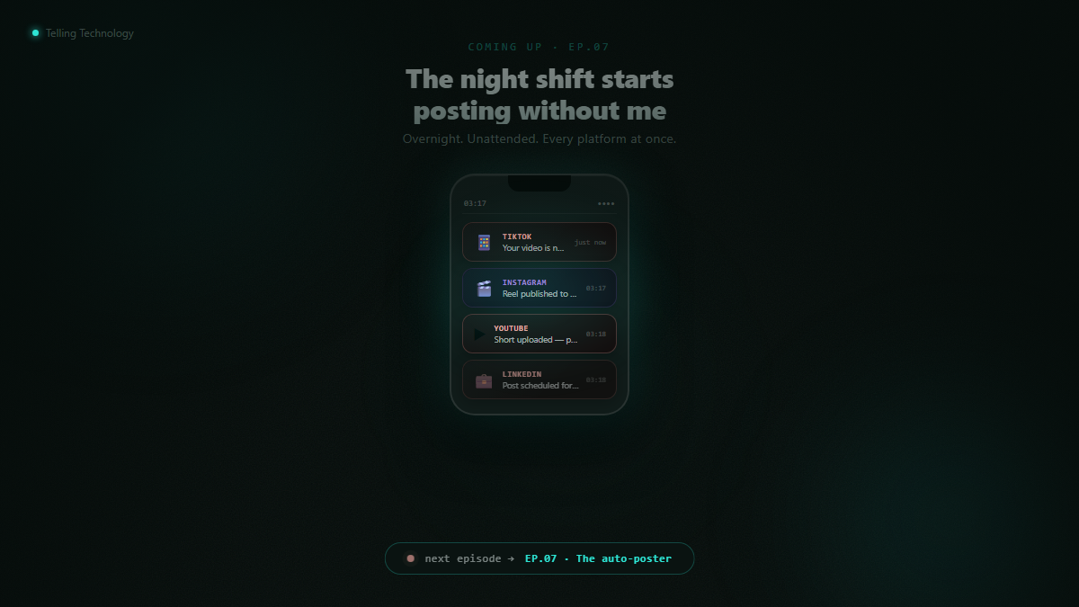 Teaser: scheduled posts firing to TikTok, Reels and Shorts overnight while the room is dark