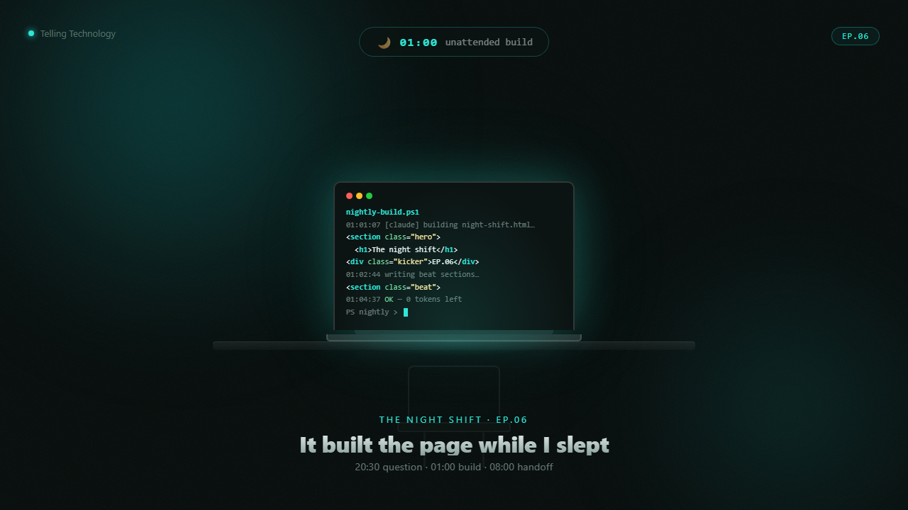 The night shift — a fresh AI session building an episode page on its own at one in the morning