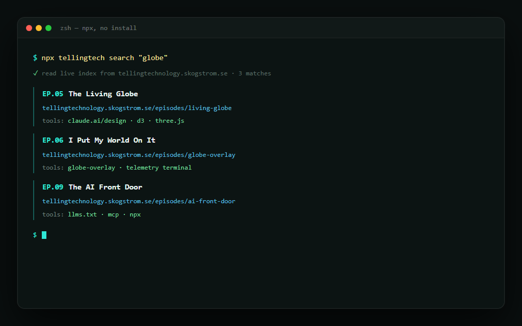 Terminal running npx tellingtech search and printing clean episode results