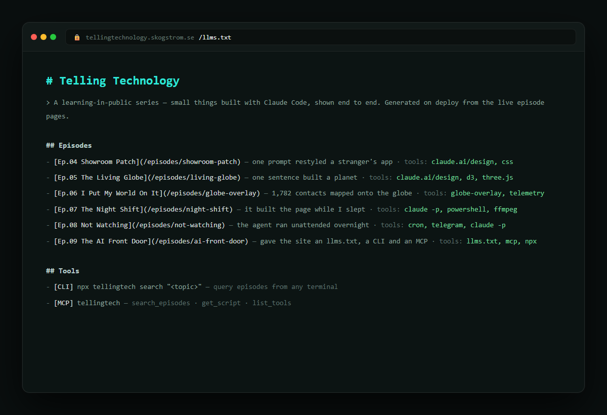 A browser showing the generated llms.txt: a clean markdown list of episodes with one-line hooks and tools used per entry