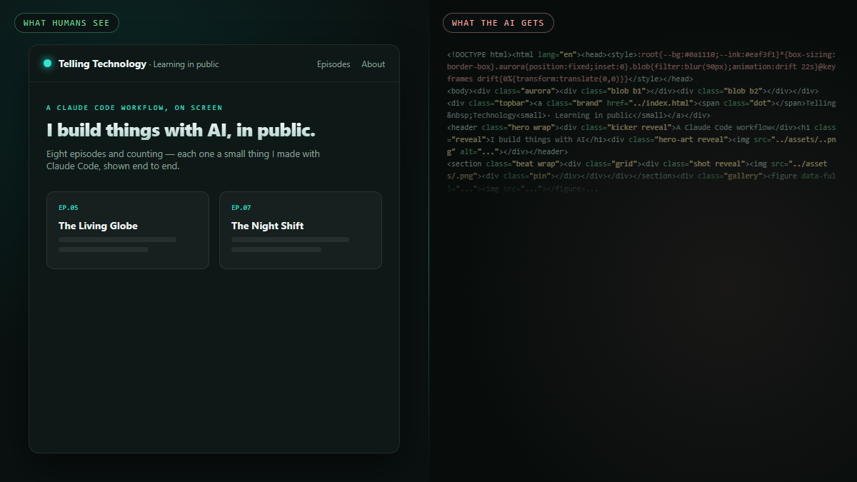 Split view: a clean human webpage on the left, the same page as a tangled wall of HTML tags an AI must crawl on the right