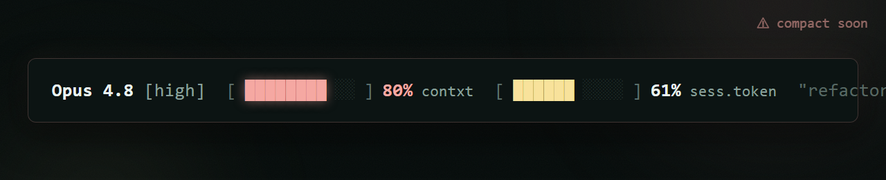 The status line near 80% context — the danger zone where you should compact