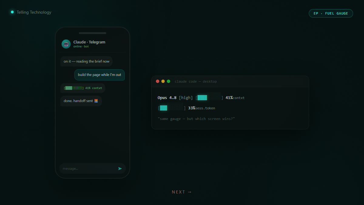 Darkened teaser — a phone showing a Telegram AI bot next to a terminal status line