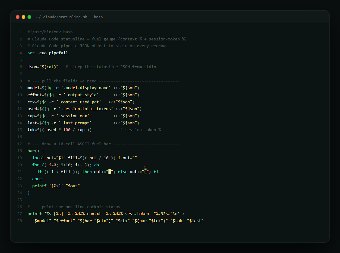 A snippet of the statusline shell script: reading the JSON, computing percentages, drawing the ASCII bars
