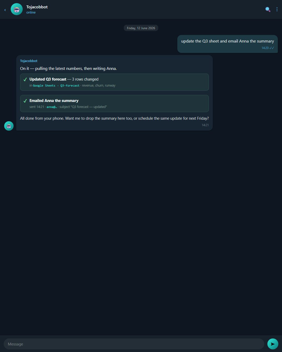 Phone screenshot of the Telegram bot confirming it updated a spreadsheet and sent an email