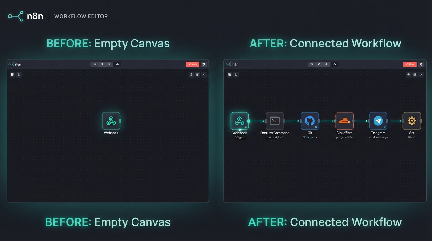 Before and after: an empty n8n canvas next to the same canvas with six connected nodes