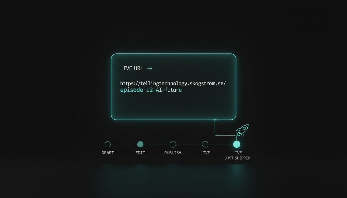 A single live-URL card glowing teal — a freshly published episode address — above a one-line draft-to-live node flow, house aurora-teal style