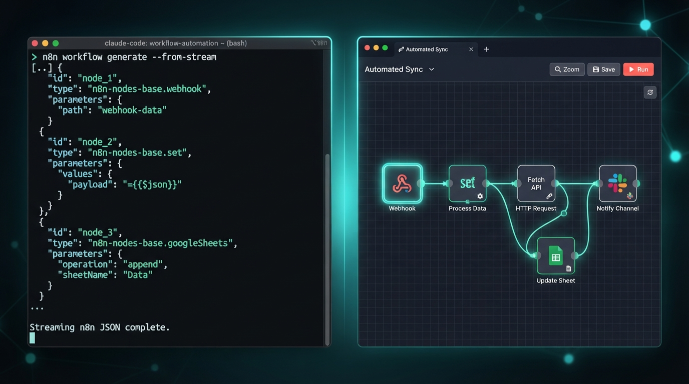 Split screen: a Claude Code terminal streaming n8n workflow JSON on the left, the same nodes appearing connected on an n8n canvas on the right, house aurora-teal style