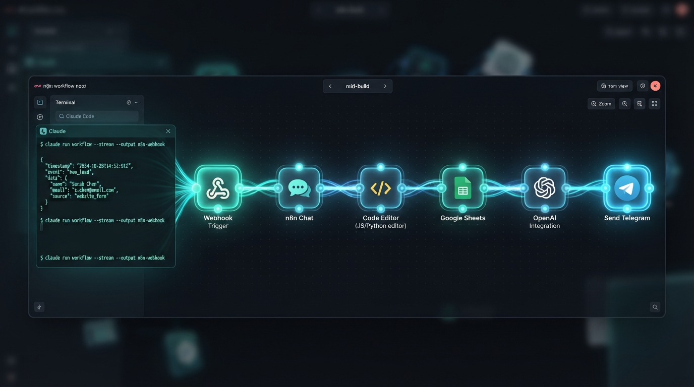 An n8n canvas filling with connected nodes — webhook trigger, build, commit, deploy, notify — as a Claude Code terminal feeds it generated workflow JSON, house aurora-teal style