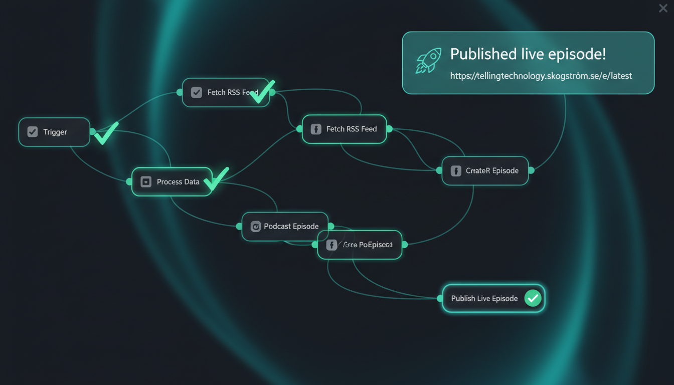 The n8n workflow executing with green checks and a live episode URL appearing