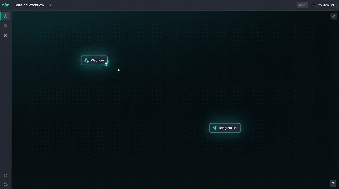 An empty, intimidating n8n canvas — a faint grid with a couple of disconnected nodes — captioned as the black box before it is wired