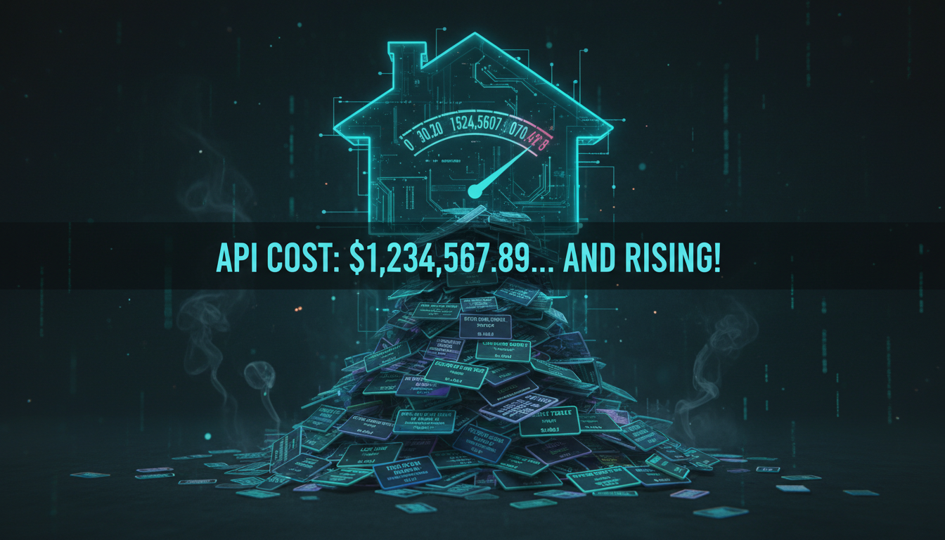A rising AI API cost meter with most calls flagged as trivial — small tasks billed at premium model prices, house aurora-teal style