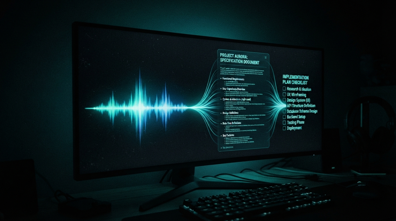 Darkened teaser — a voice waveform turning into a spec document and an implementation plan before any code appears