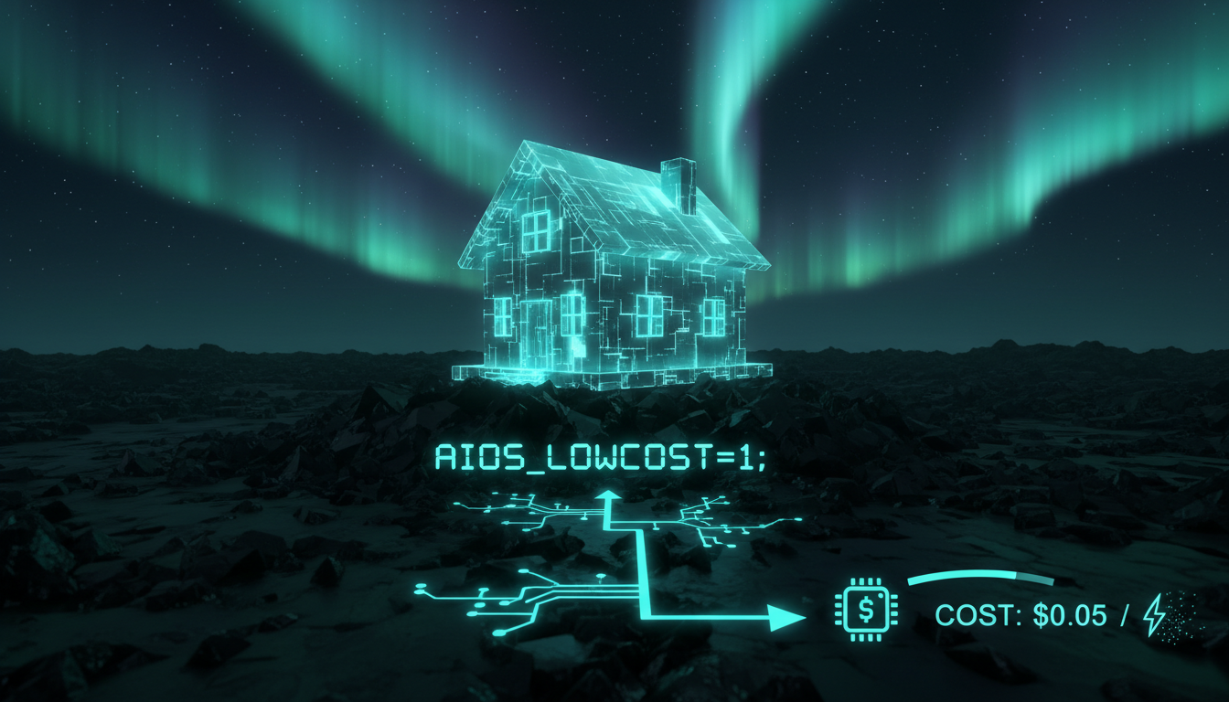 A single glowing env line AIOS_LOWCOST=1 above a route collapsing to the cheapest capable model and host, with a shrinking cost meter, house aurora-teal style