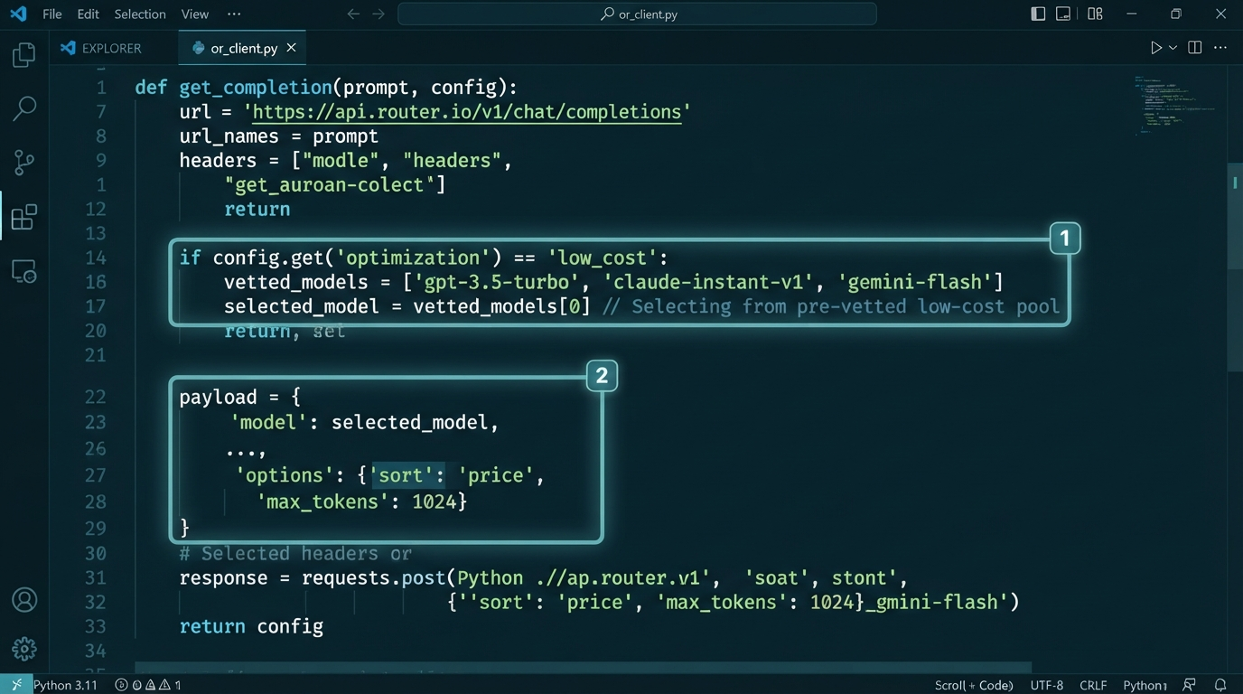 The or_client.py wrapper with the low_cost model-pool branch and the provider.sort=price host selection highlighted
