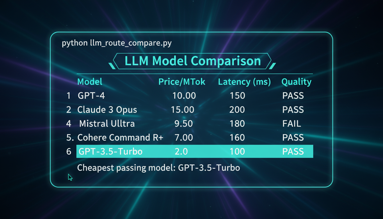 Terminal output of llm_route_compare.py: a price-vs-latency table across models with the cheapest passing row highlighted