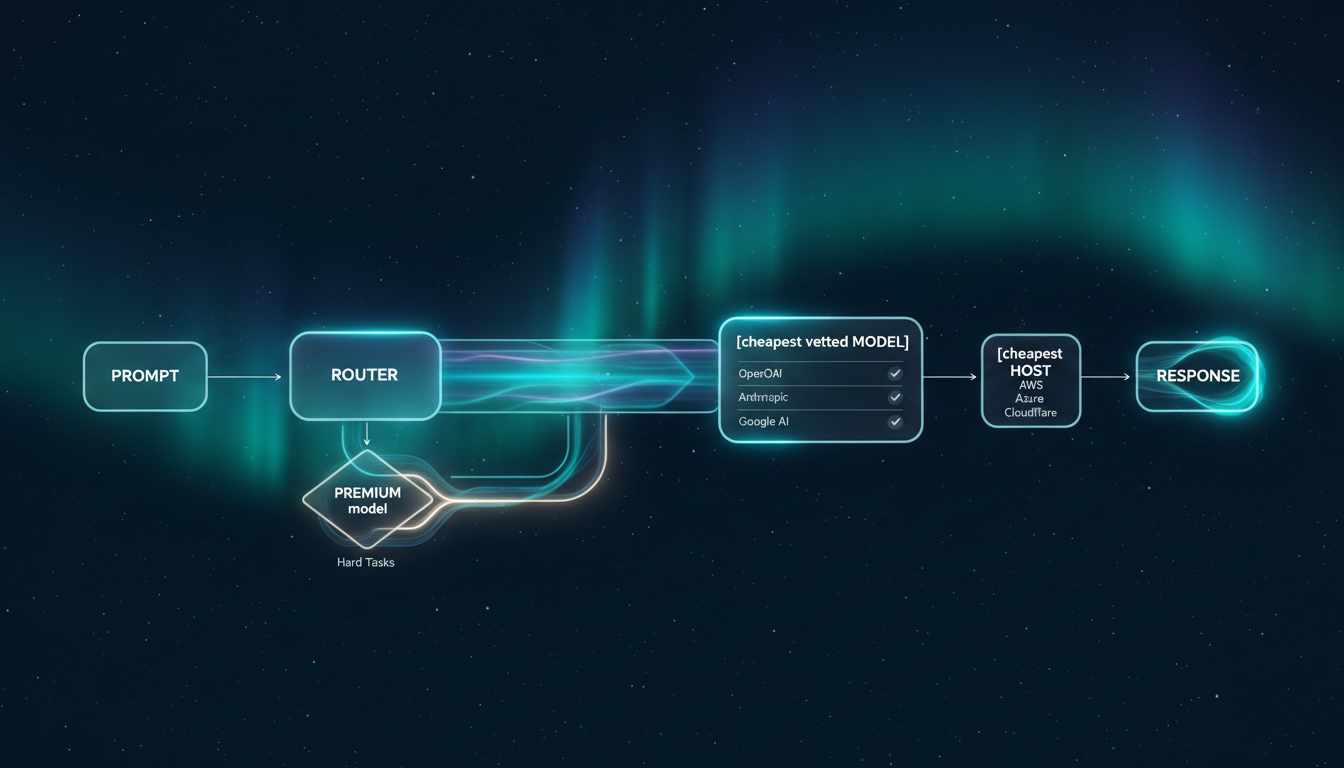 A horizontal route diagram: prompt to router to cheapest vetted model to cheapest host to response, with hard tasks branching to the premium model