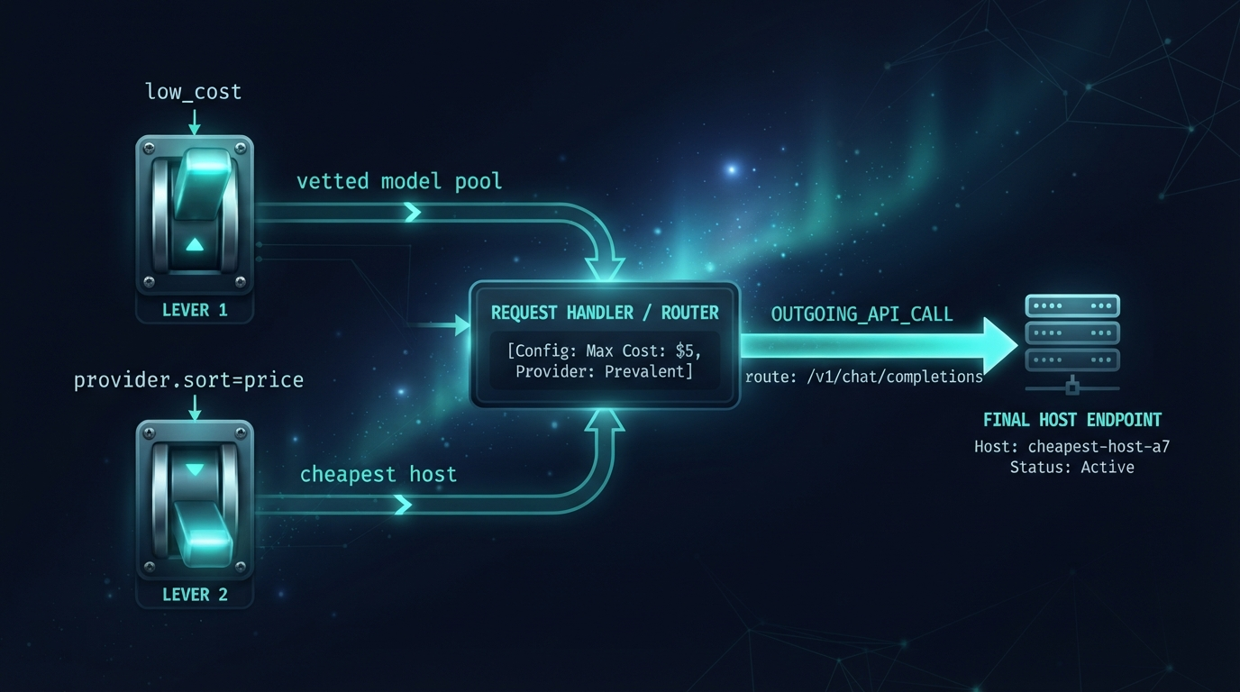 The or_client.py two-layer selection logic highlighted: a low_cost model-pool filter feeding a provider.sort=price host picker, house aurora-teal style