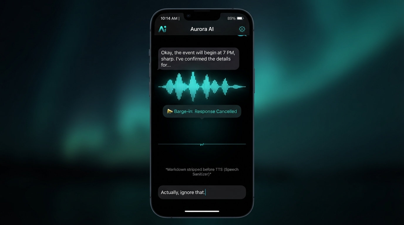 A phone showing the AI's spoken reply being cut off mid-sentence by a barge-in interrupt, with a response-cancelled toast and a note about the speech sanitizer
