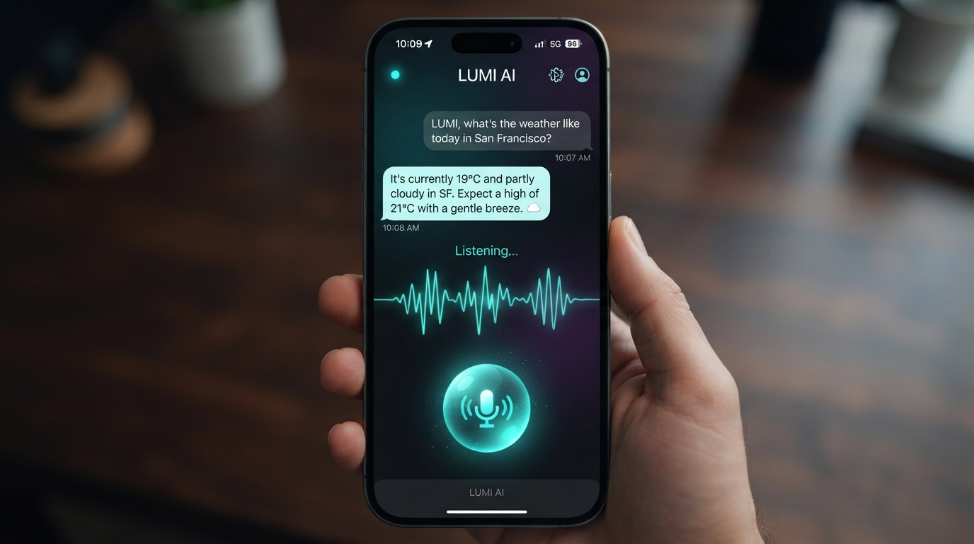 A phone running the push-to-talk PWA mid-conversation: a teal mic orb listening, a waveform, and a question/answer thread