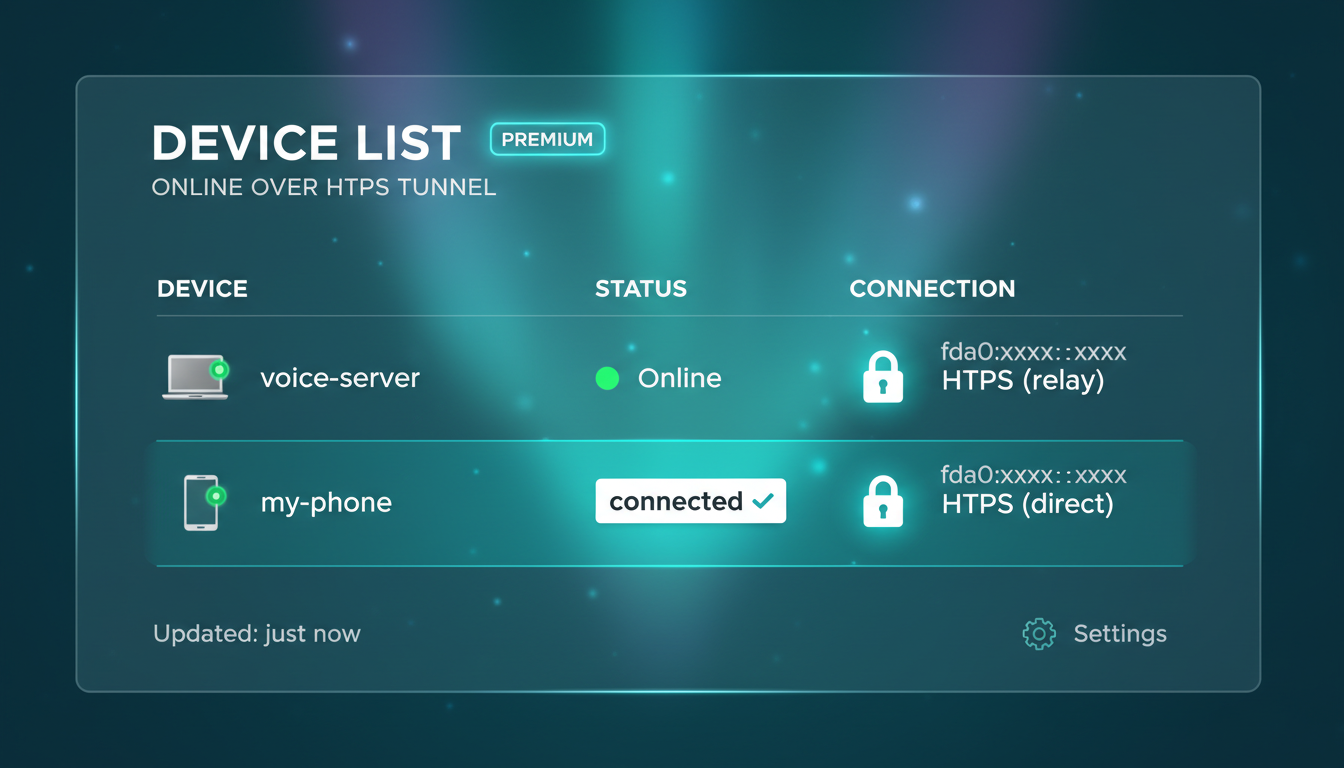 A Tailscale-style device dashboard showing the voice server and a phone both online over an HTTPS tunnel, the phone highlighted as connected