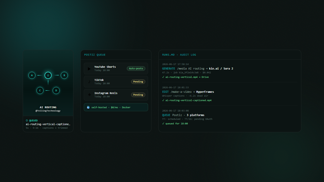 A finished vertical Reel thumbnail sitting in a Postiz queue beside a runs.md audit log listing generate, edit and queue steps with timestamps, all framed inside one Claude Code terminal, house aurora-teal style