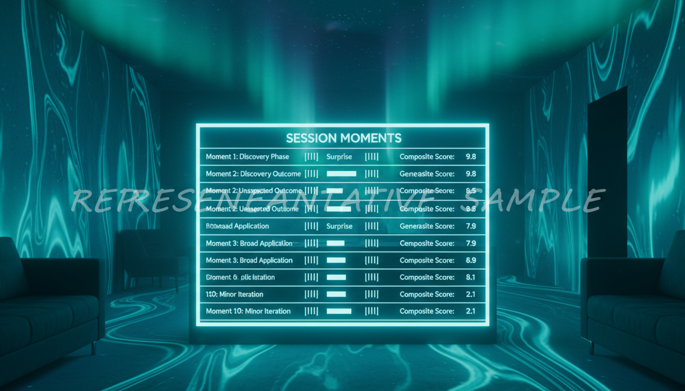 A scored leaderboard of session moments ranked by novelty, surprise and generalizability, top row highlighted
