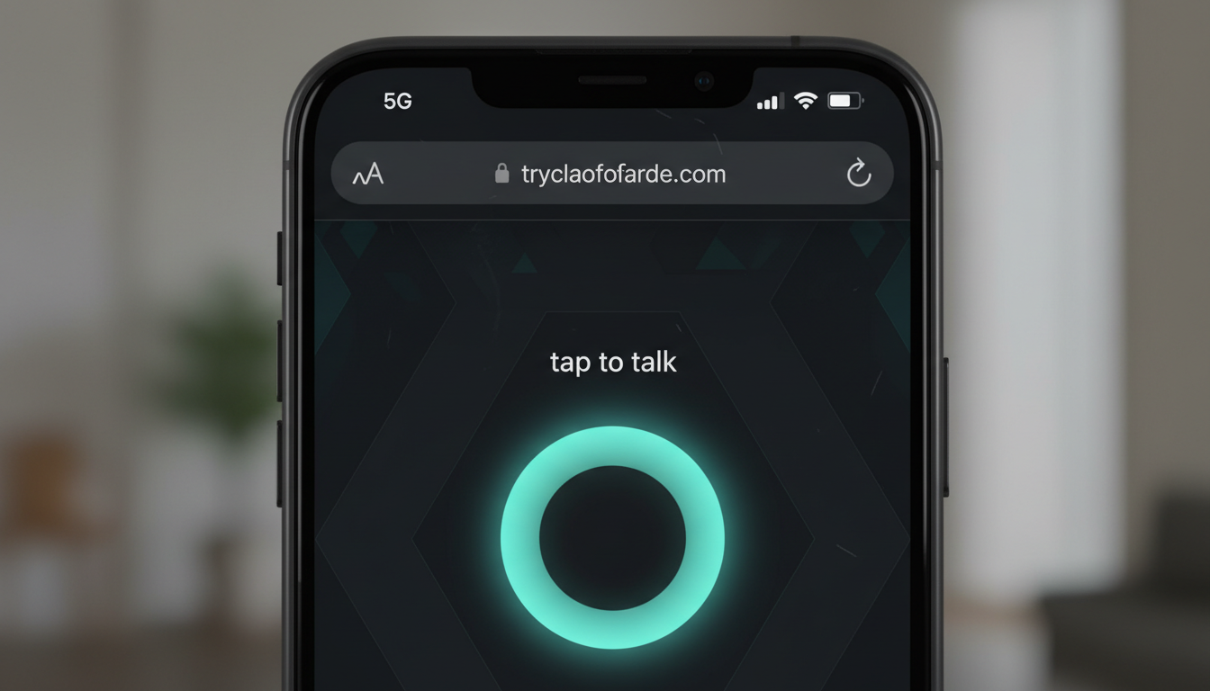A phone on cellular (Wi-Fi off) showing the voice-AI mic UI loaded from a trycloudflare.com URL, no VPN
