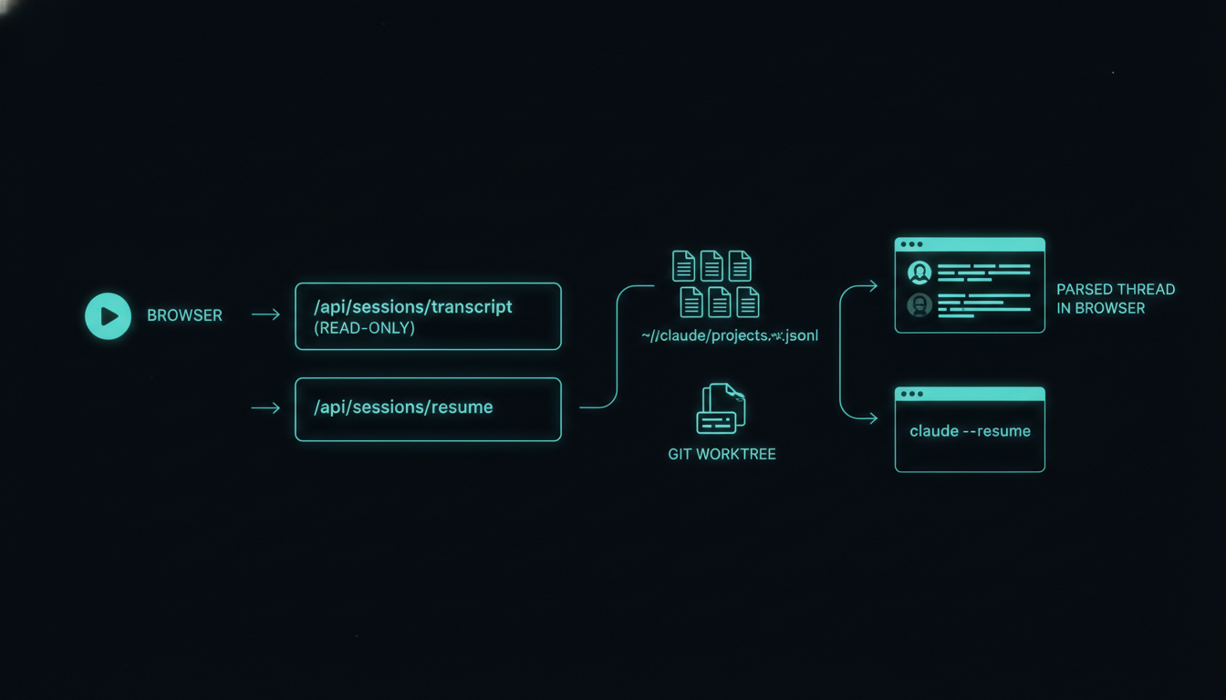 A path diagram from browser to API routes to the JSONL files and back to a parsed conversation