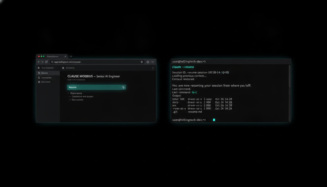 Browser Resume button beside a terminal that has resumed a session mid-conversation