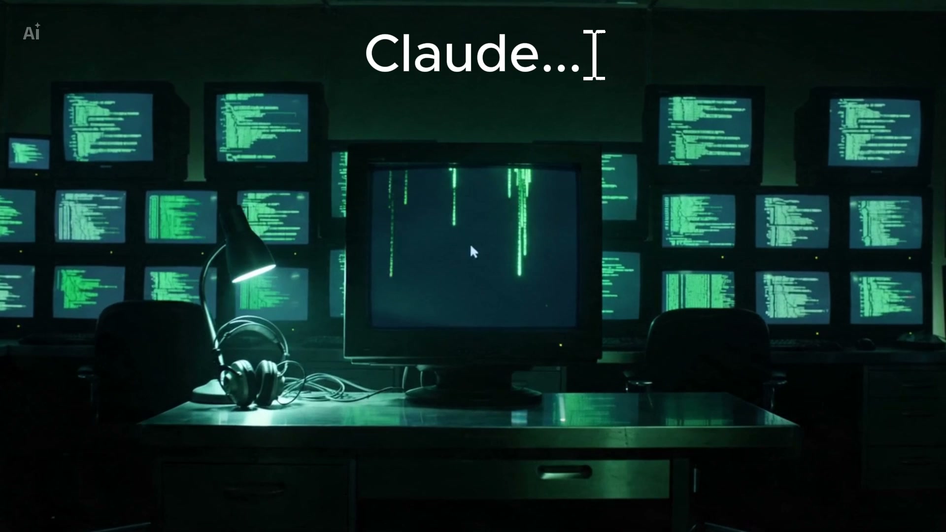 Operator room, CRT walls of green code, CLAUDE wordmark