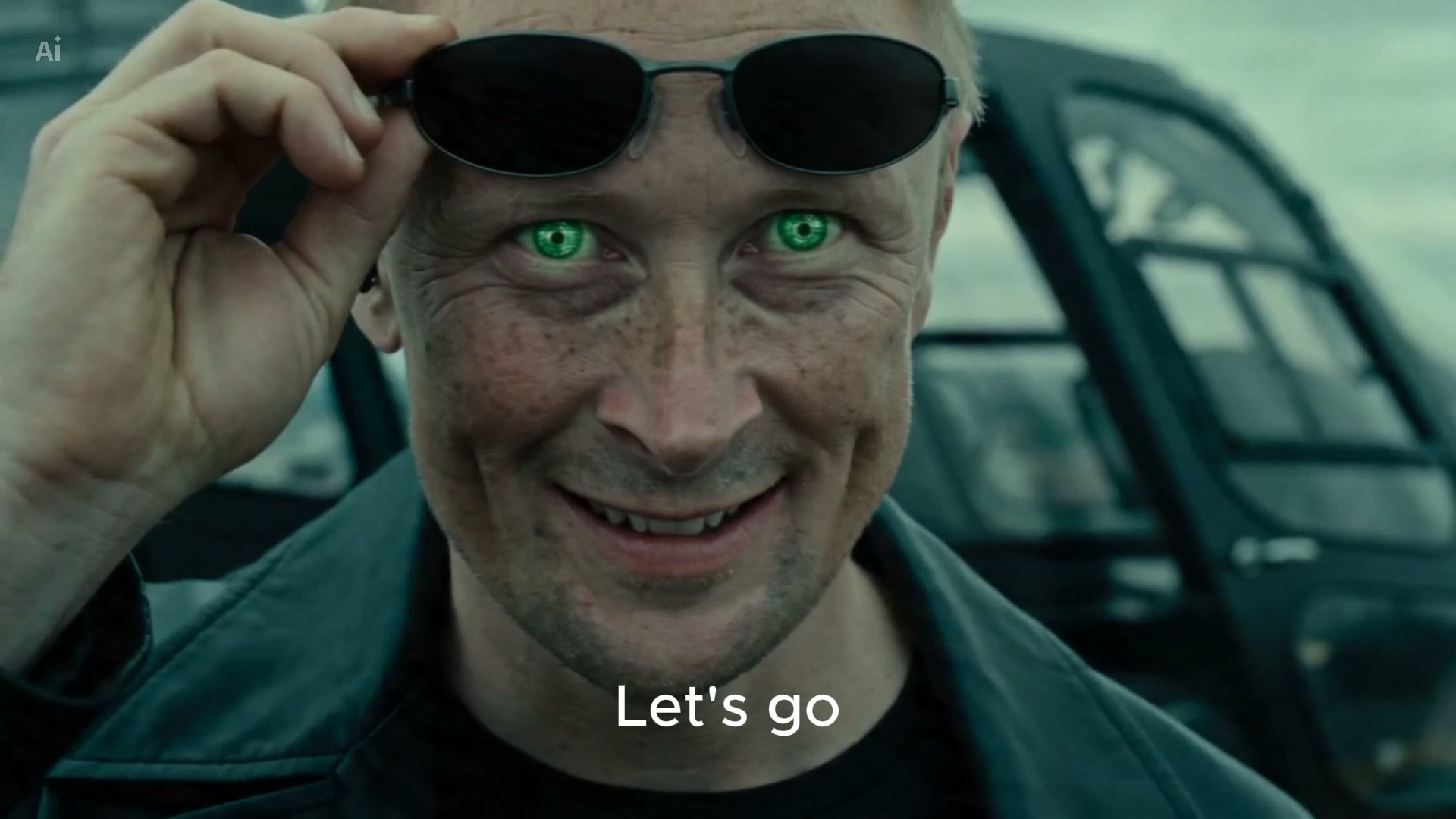 Extreme close-up, shades lifted, eyes glowing green, half-smile