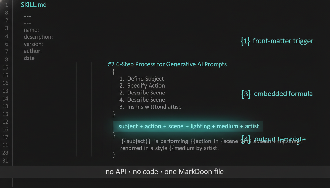 The SKILL.md file with sections highlighted: trigger description, the six process steps, the embedded Seedance formula, and the output template