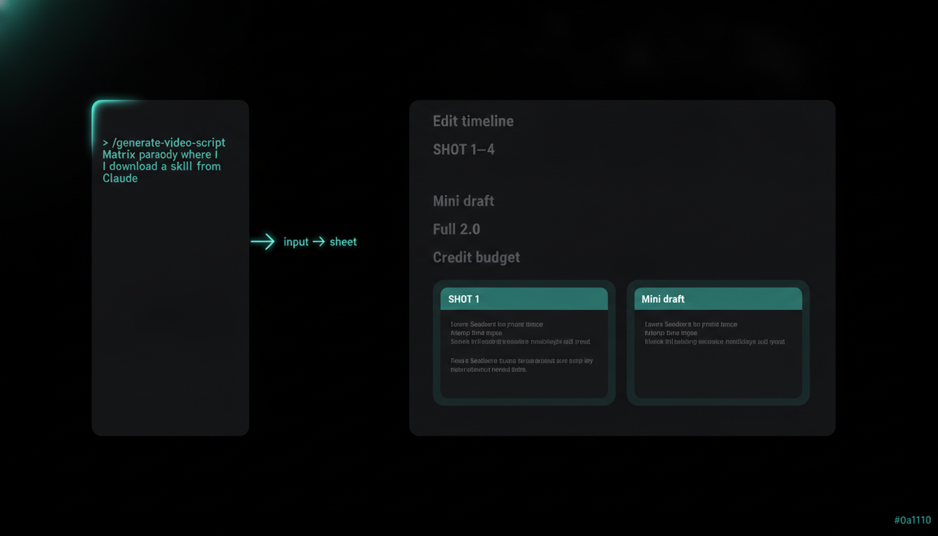 Split screen: left, a one-line concept typed into Claude Code; right, the generated multi-shot Seedance script with labelled prompts