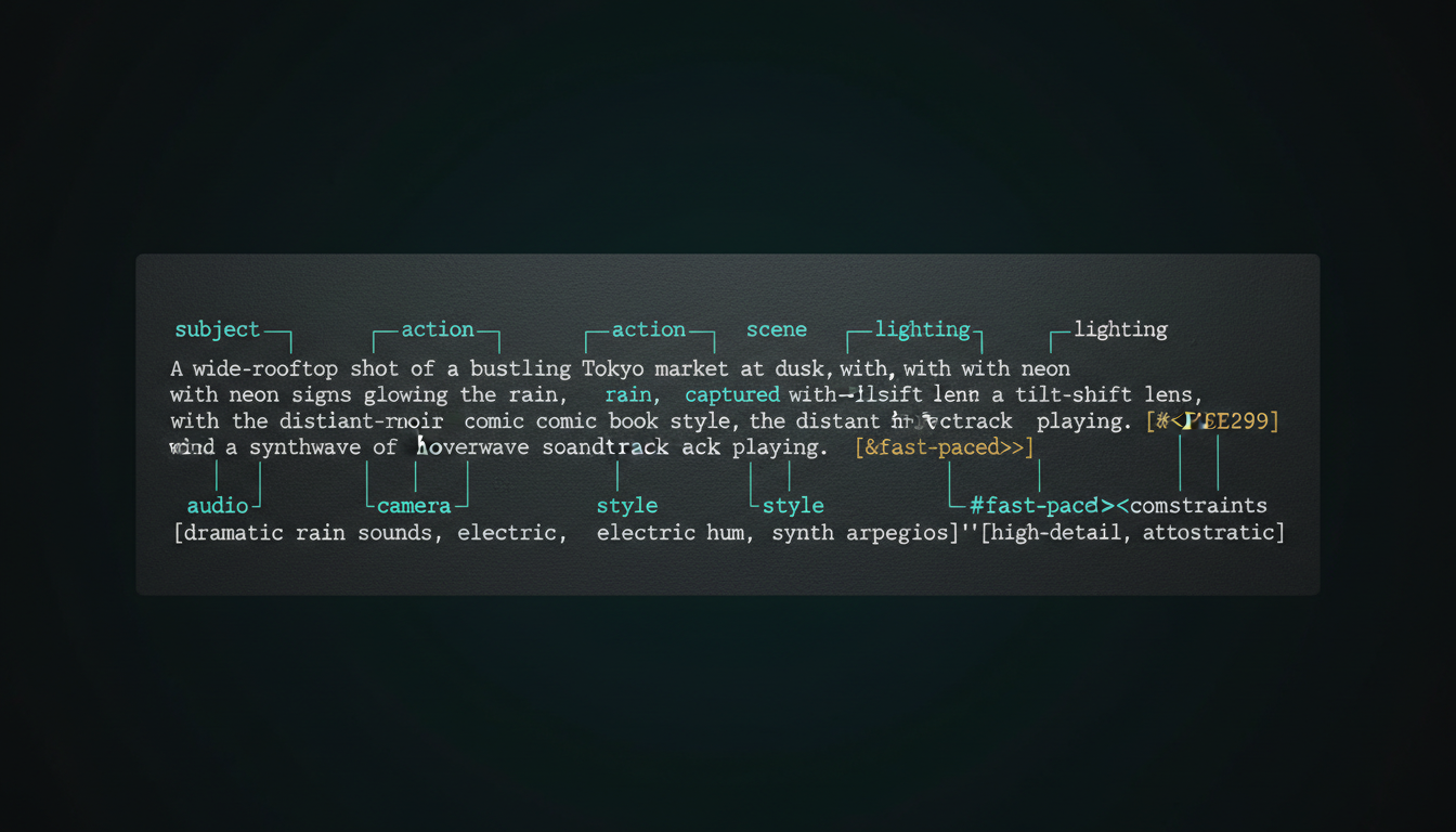 A real Seedance prompt with each clause labelled — subject, action, scene, lighting, camera, audio, constraints