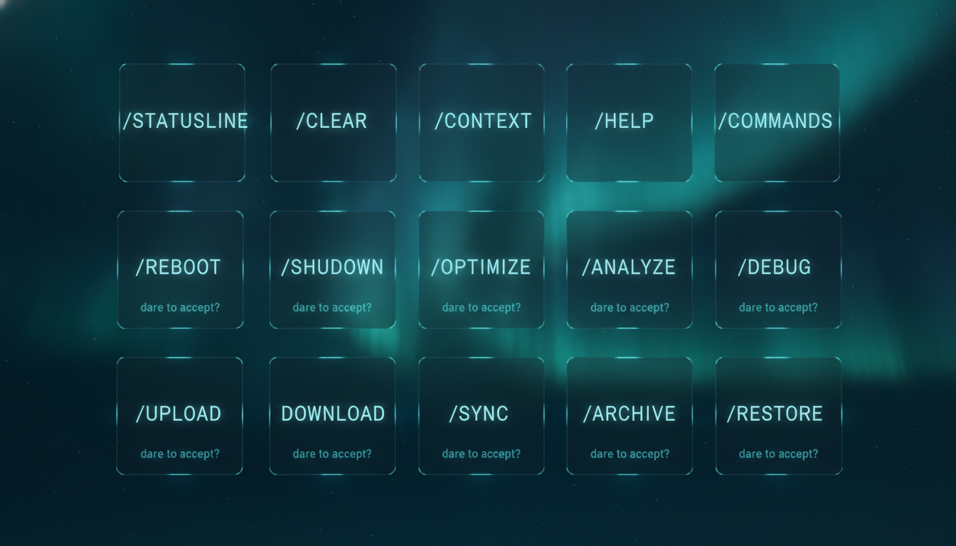 A wall of fifteen vertical short-video storyboard frames in aurora-teal, each titled with a Claude Code command