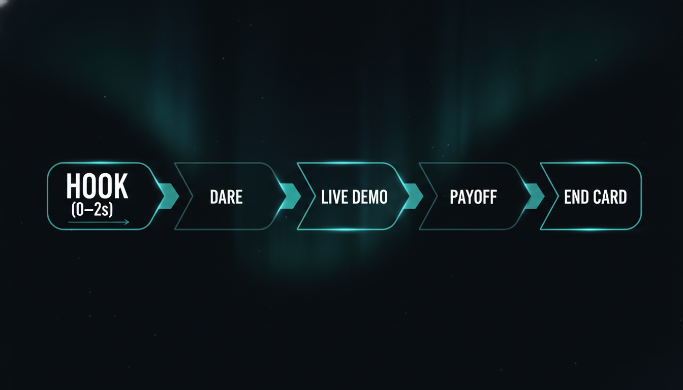 A horizontal timeline of one 30-second short broken into five beats: hook, dare, demo, payoff, end card