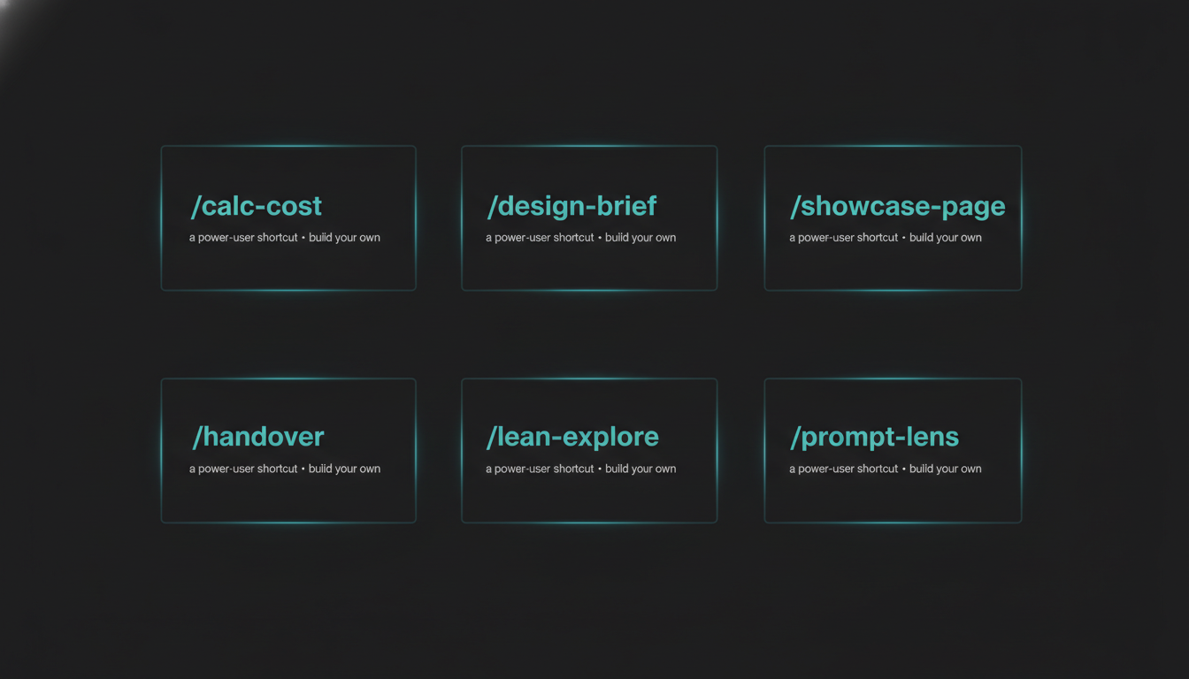 Contact sheet of six vertical title cards for the toolkit shortcuts, each labelled a power-user shortcut with no personal names