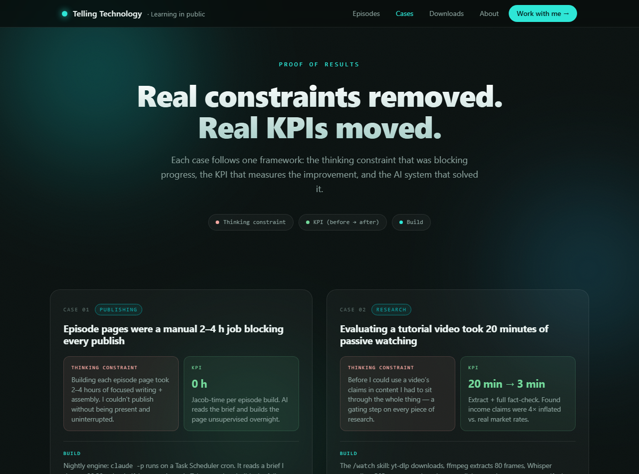 Top of the Cases page: headline 'Real constraints removed. Real KPIs moved.' above the constraint / KPI / build framework legend