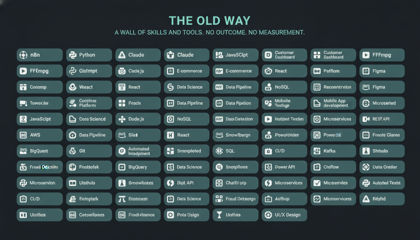 The old way: a generic skills-list portfolio — a wall of tool logos and project names with no measured outcome