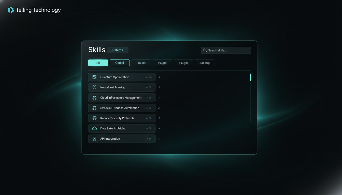 Wide shot of the Skills tab with the 99-item count and every scope chip visible.