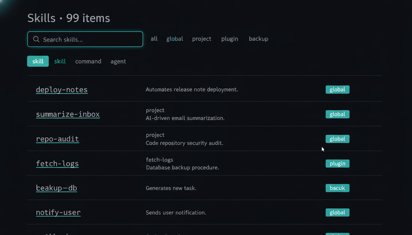 Skills tab overview listing all 99 catalogued items.