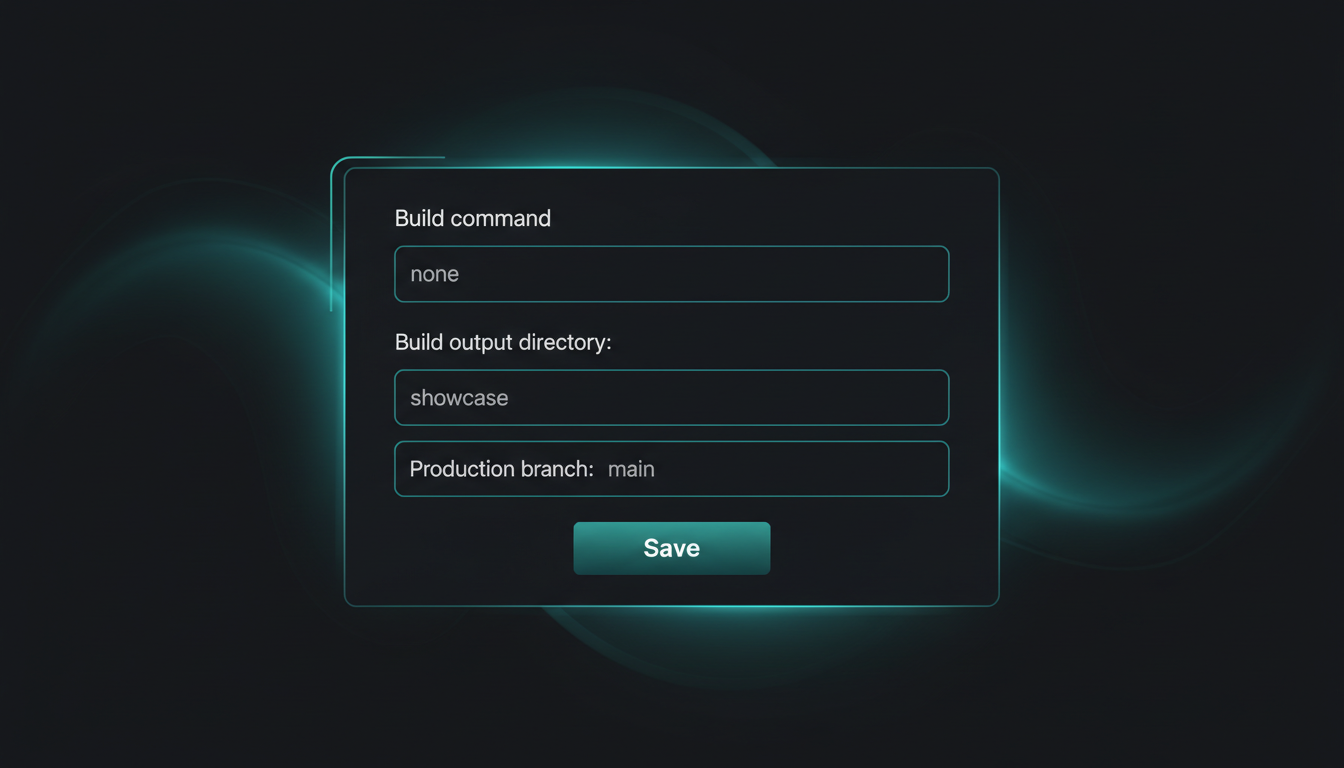 Cloudflare Pages build settings: build command, output directory, production branch main.