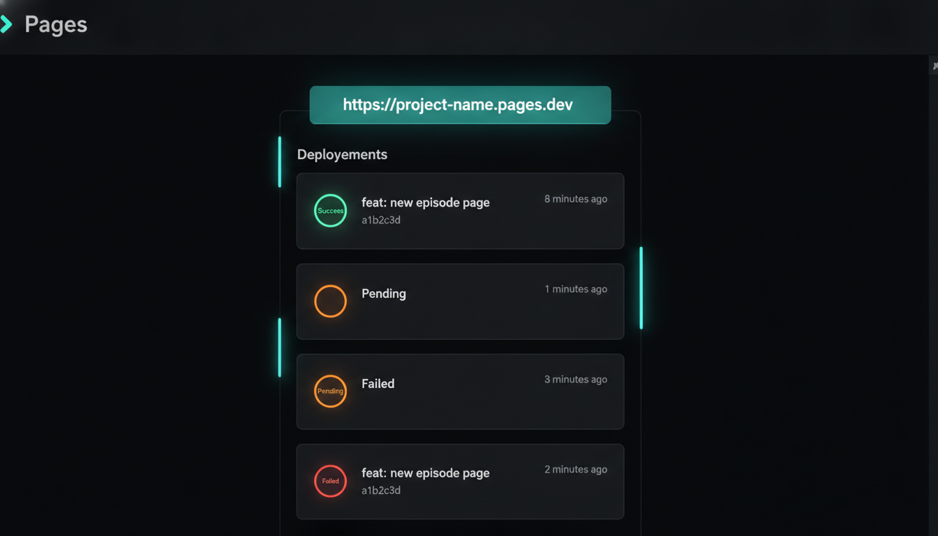 A Cloudflare Pages deployments dashboard showing the latest push as a green Success, with the commit message and hash and a live production URL.