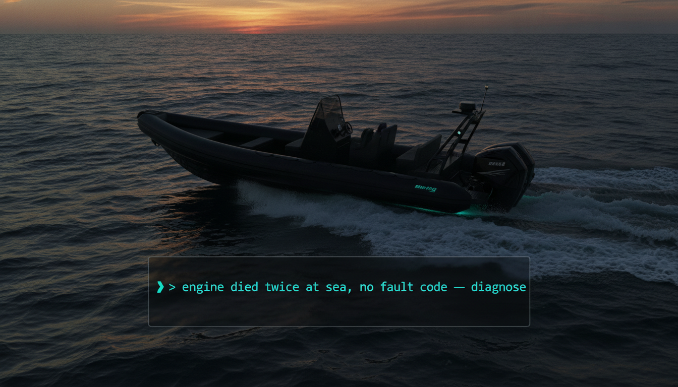 A Brig RIB on open water with its Evinrude outboard raised, a translucent Claude Code terminal overlaid reading 'diagnose: engine stalls at sea, no fault code'.