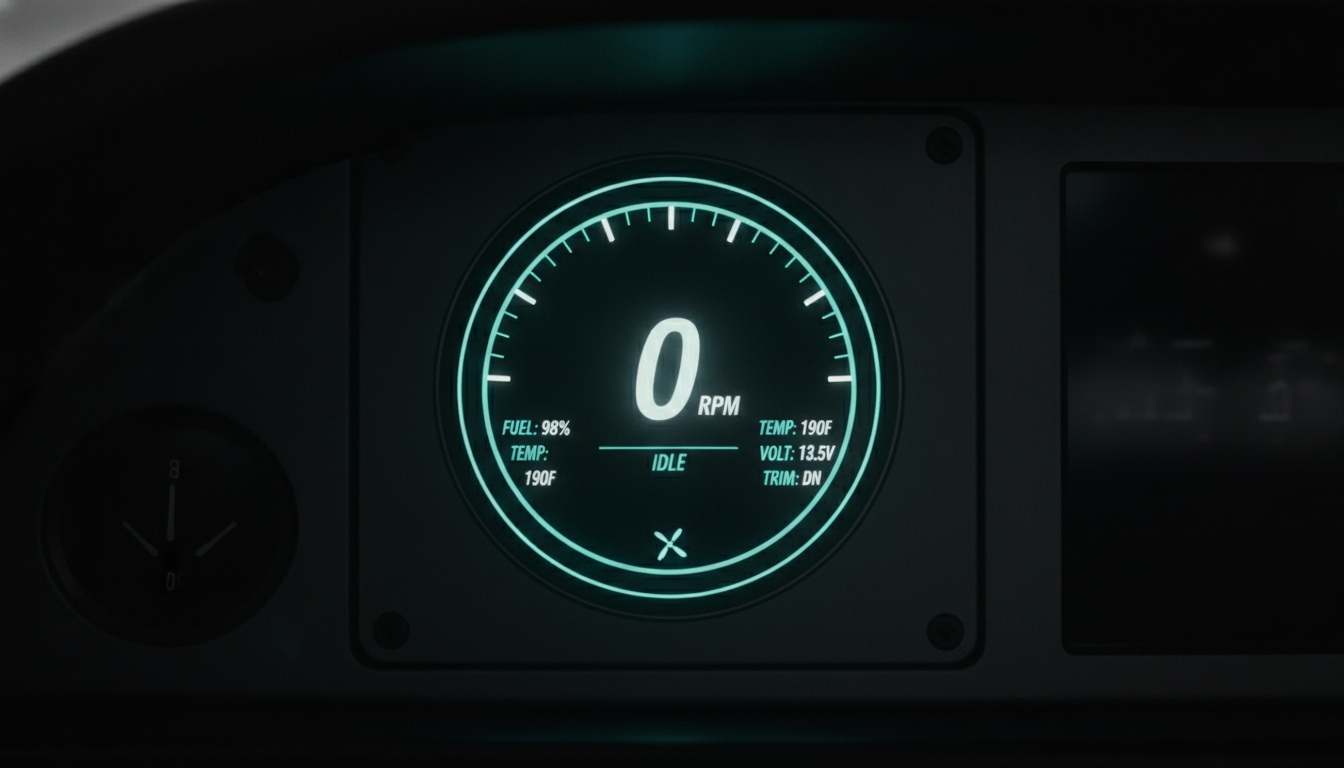 An outboard engine ICON display, powered on but showing no fault message, with the engine stopped — the eerie 'nothing wrong' screen after a stall.