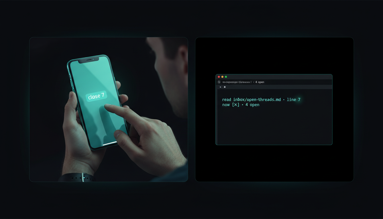 A phone texting 'close 7' beside a desktop terminal that has just read the updated open-threads.md with line 7 now checked — the same file, closed from two devices.